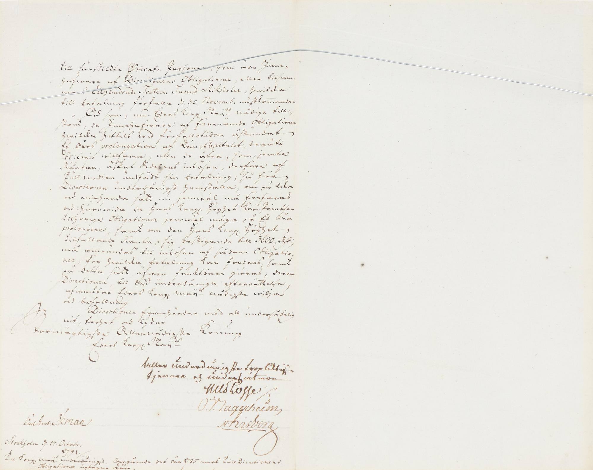 Autograf, Kung Gustav III, Drottningholms slott, 31 oct, 1791. Proveniens: Prof. Torsten Eklund.