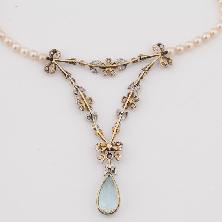 A circa 6.00 ct aquamarine, rose cut diamond and pearl necklace.