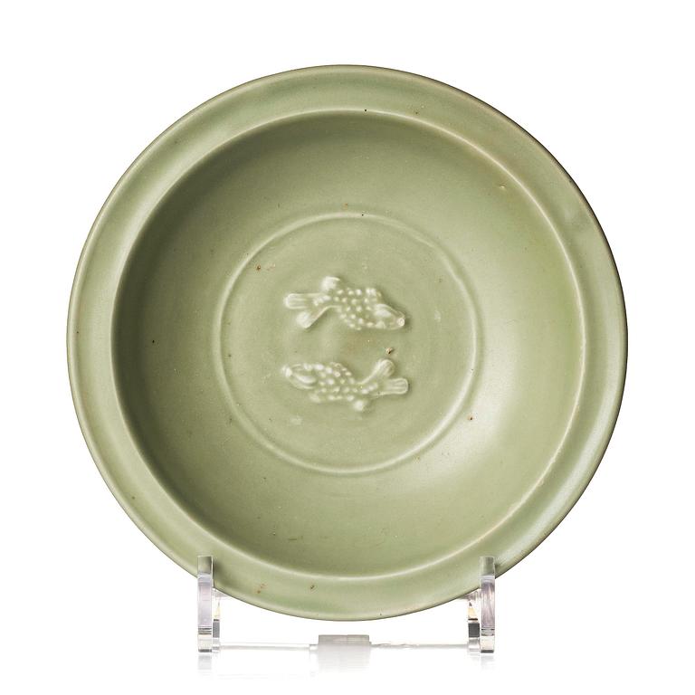 A celadon glazed double fish dish, Ming dynasty (1368-1644).