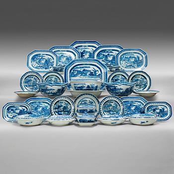 543. A blue and white export porcelain part dinner service, Qing dynasty, Jiaqing (1796-1820). (47 pieces).