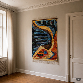 Maj Larsson, a wall hanging, rag rug, signed ML, c. 135 x 90 cm.