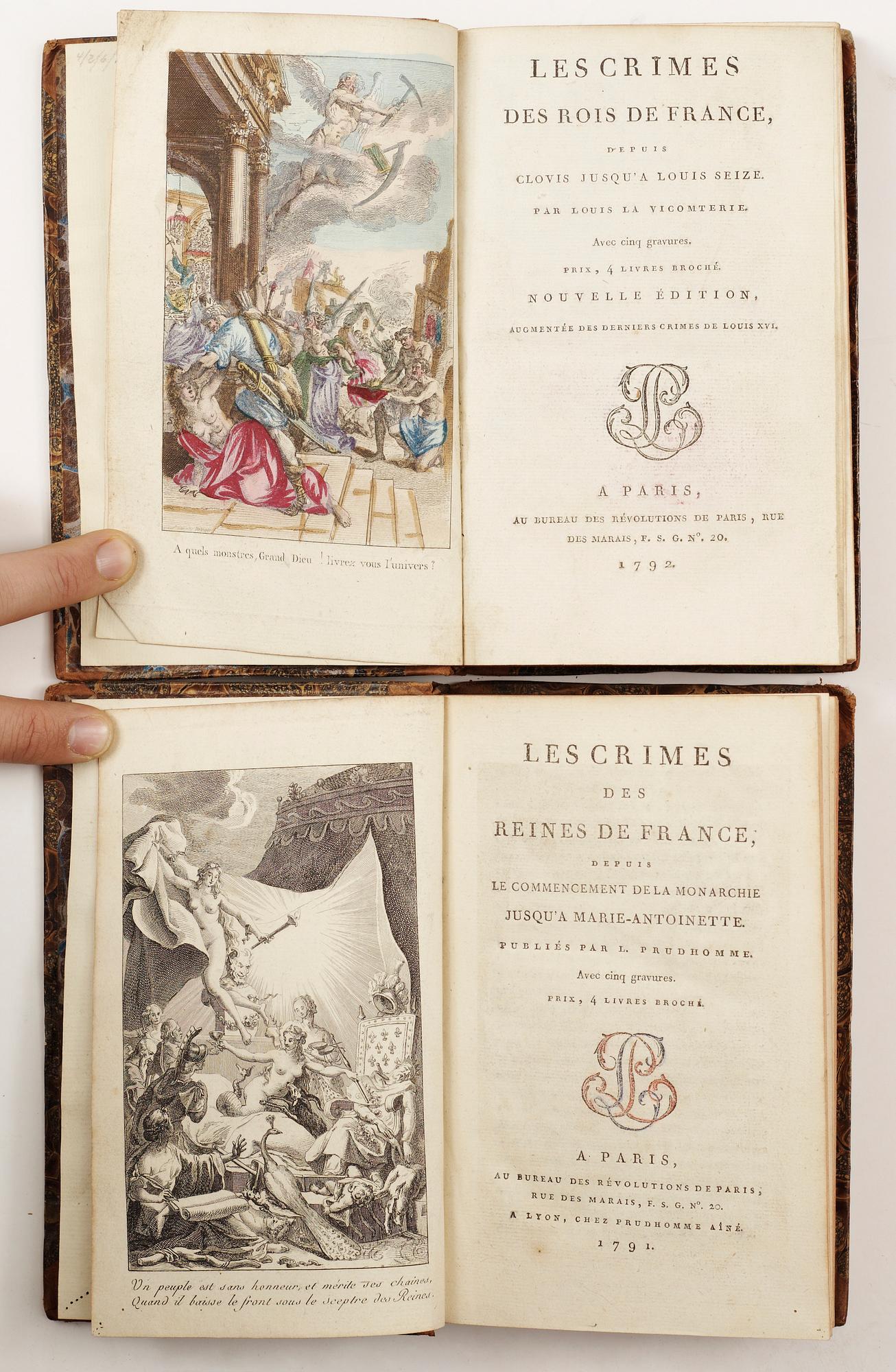 BÖCKER, 2 vol, "Les Crimes des Reines de France.." resp "Les Crimes des Rois de France.." Paris 1791 resp -92.