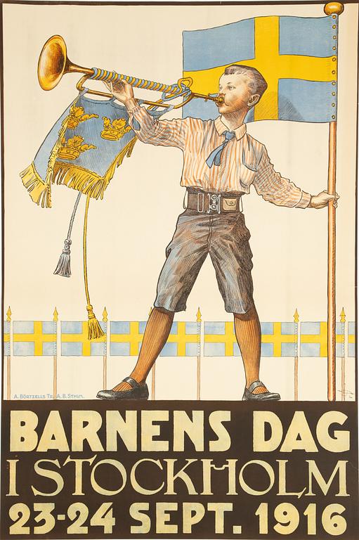 Torsten Schonberg, a lithographic poster, 'Barnes Dag i Stockholm', A. BörtzellsTr. A.B. Stockholm, 1916.