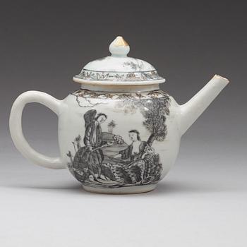 A grisaille 'European Subject' tea pot with cover and stand, Qing dynasty, Qianlong (1736-95).