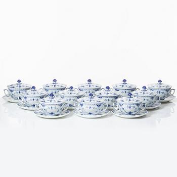 Royal Copenhagen, twelve consommé cups with saucers, 'Blue Fluted Half Lace', Denmark.