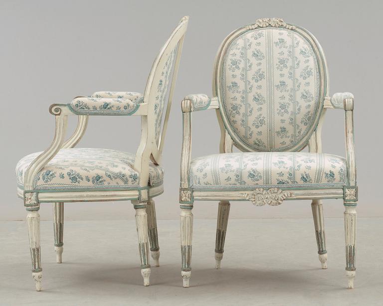 SOFFA, SAMT KARMSTOLAR, ett par. Louis XVI-stil, 1800-tal.