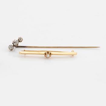 Pin and brooch, gold with old cut diamonds and seed pearl.