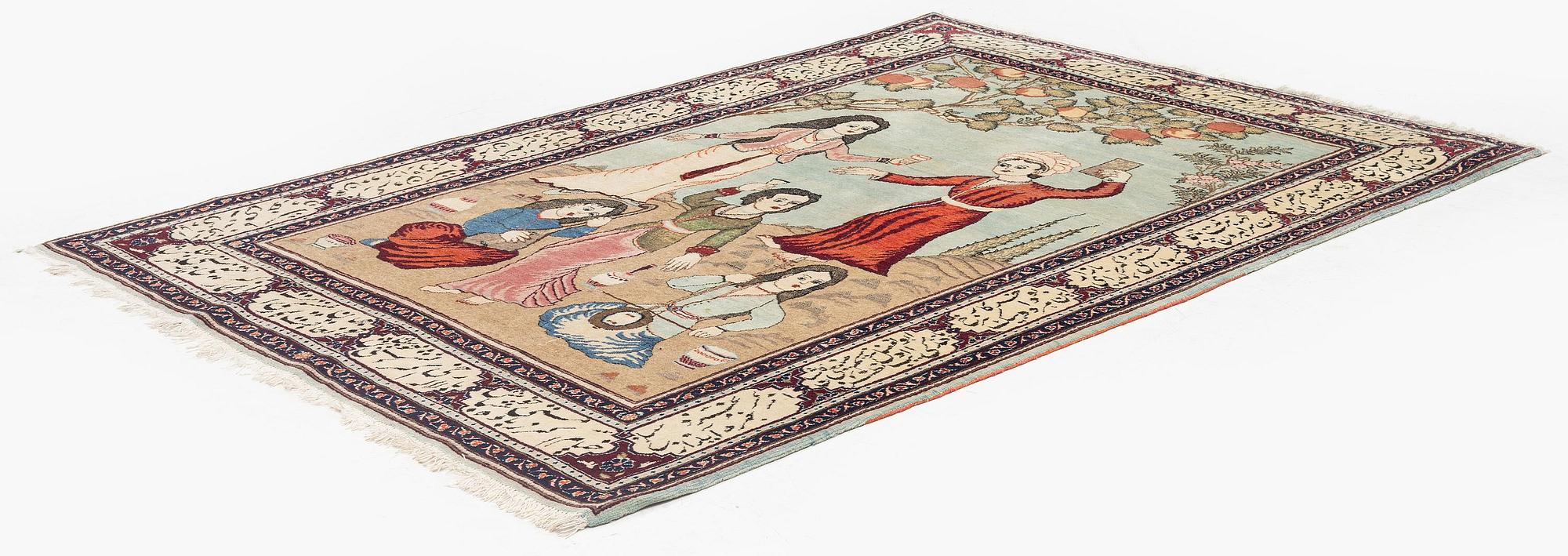 A semi-antique pictoral Keshan rug, so called Dabir, c. 205 x 138 cm.