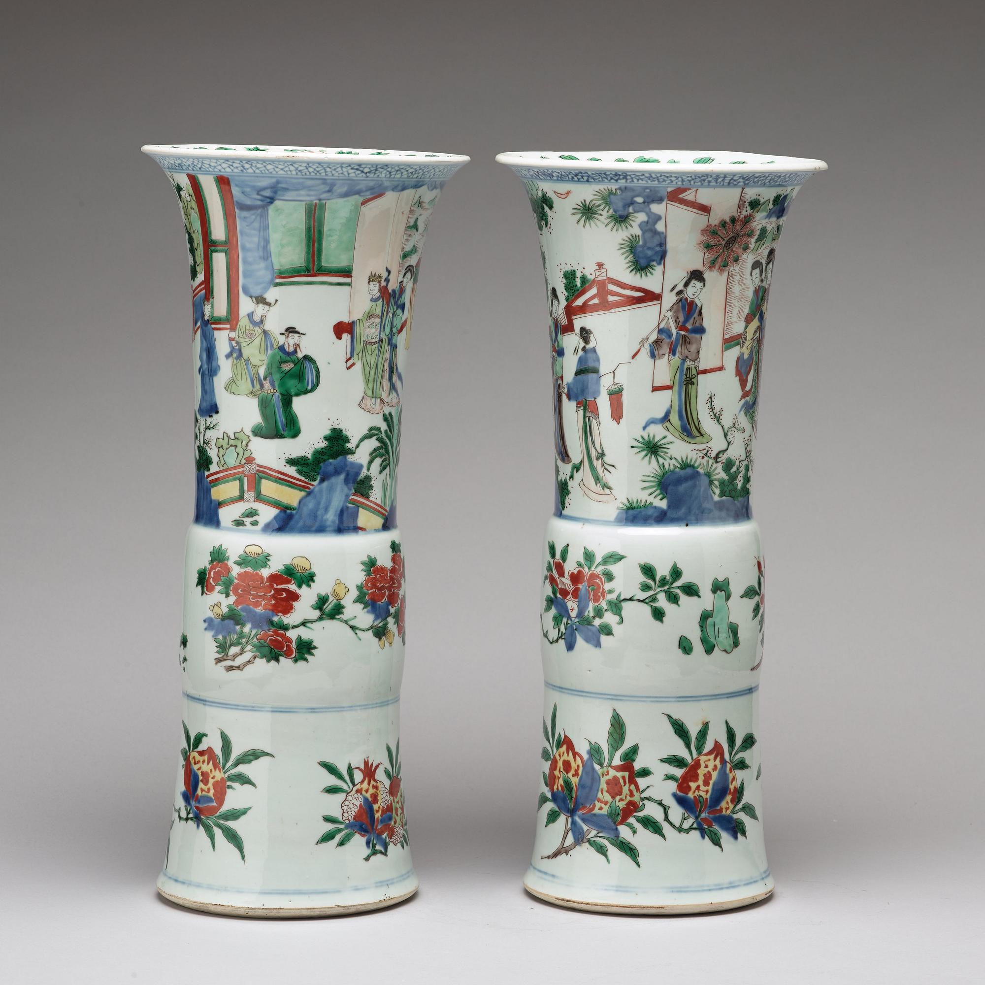 A matched pair of Gu-shaped wucai vases, Transition, 17th Century.