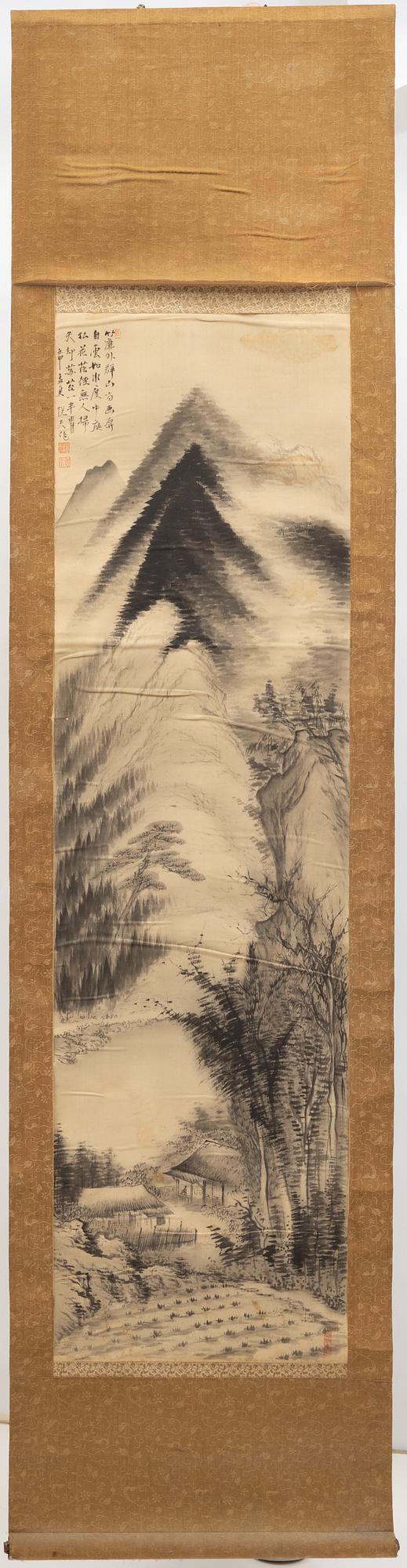 Unidentified artist, 'Settlement in a mountainious landscape', Japan 20th century.