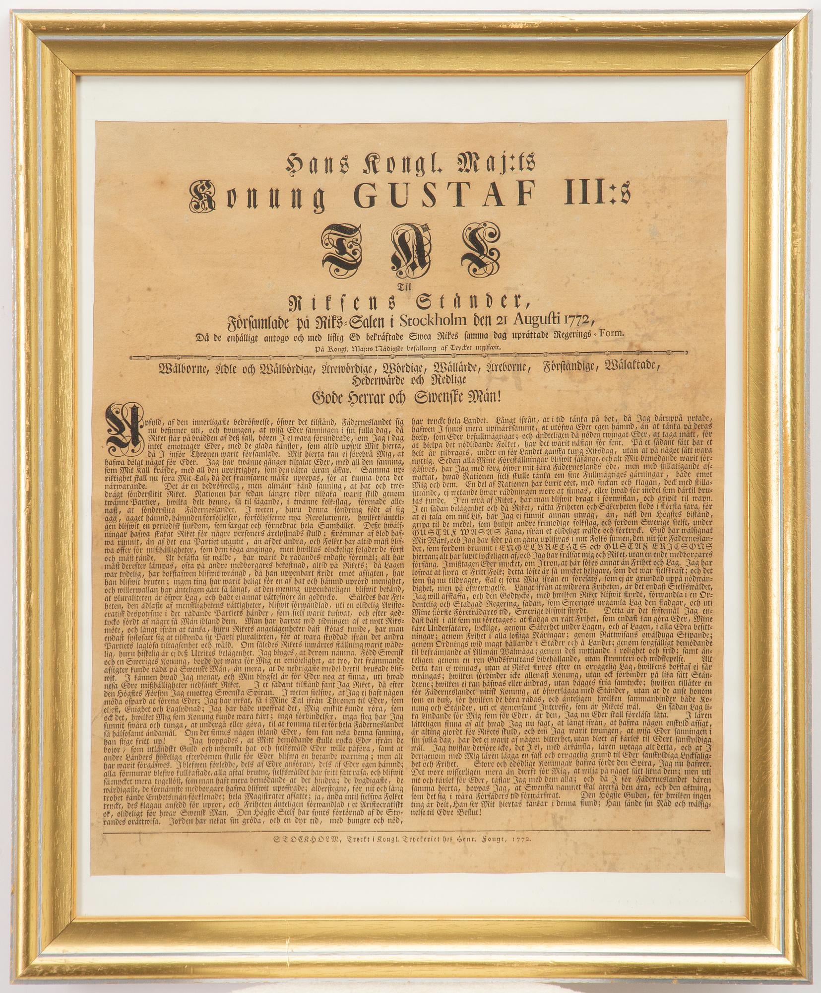 Gustaf III:s regeringsförklaring från 1772.