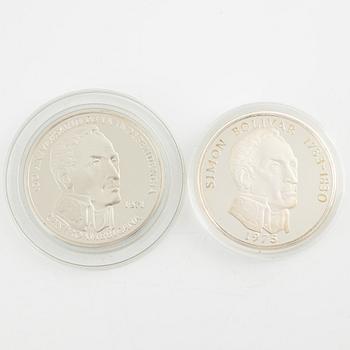 Silver coins, 5 pcs, 20 Balboas, Republic of Panama, 1971, 1972, 1973, 1974, 1975.