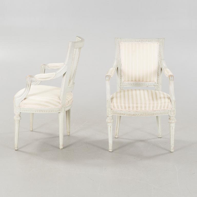 Two gustavian armchairs signed OBS, Olaus Bentsson, Lindome, around the year 1800.