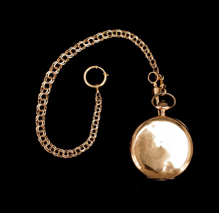 FICKUR MED KLOCKKEDJA, 18k guld, 1800-talets slut. Vikt ur ca94g, kedja ca25g.