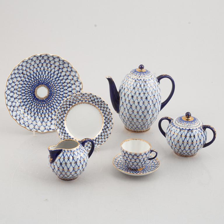 A 39-piece 'Cobalt Net' porcelain coffe service, Lomonosov, Soviet Union.