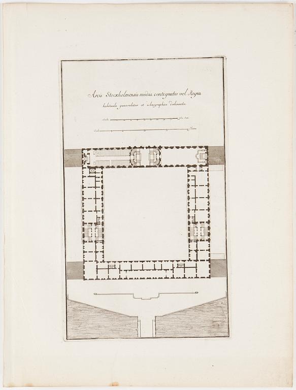 SÉBASTIEN LE CLERC, efter Niccodemus Tessin d.y. 1695, kopparstick, 2st, 1700-tal.