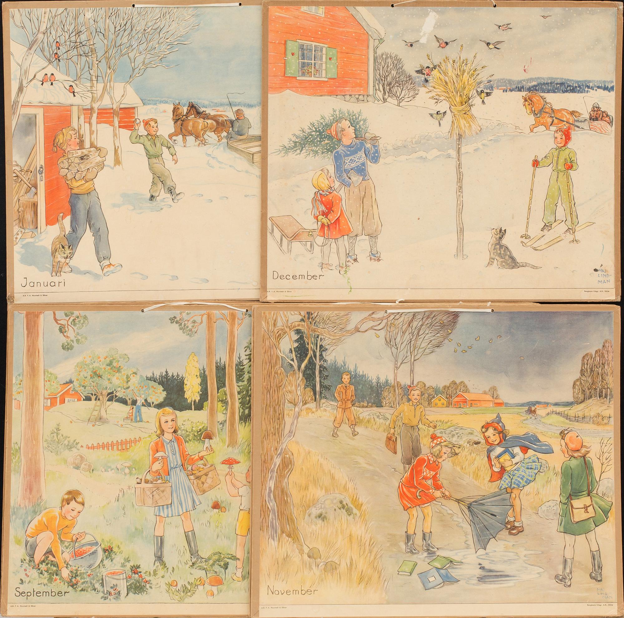 MAJ LINDMAN, SKOLPLANSCHER, 12 st,  P.A Norstedt & Söner 1900-talets början.