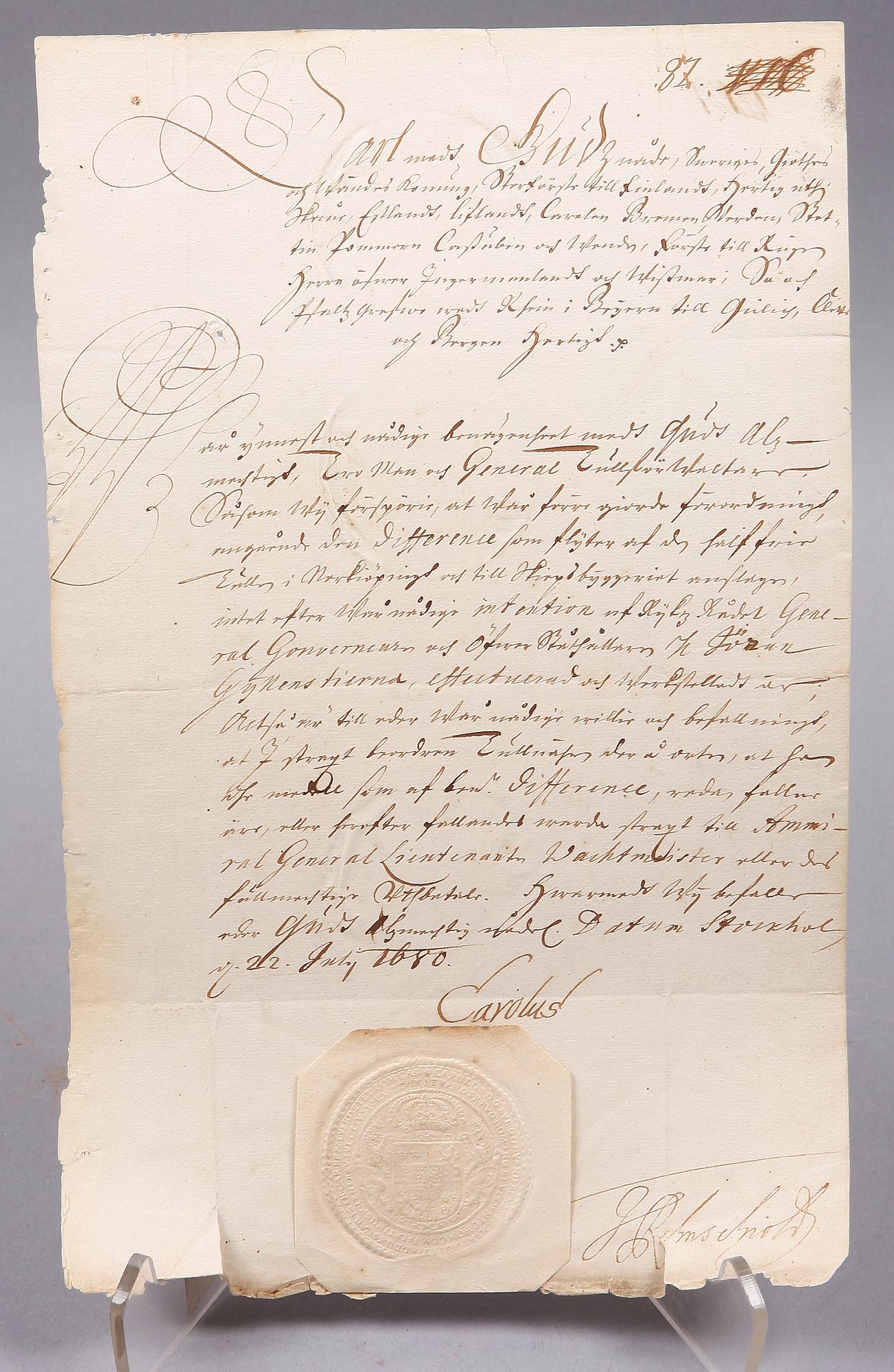 DOKUMENT MED AUTOGRAF, Karl XI av Sverige, sign o dat 1680.
