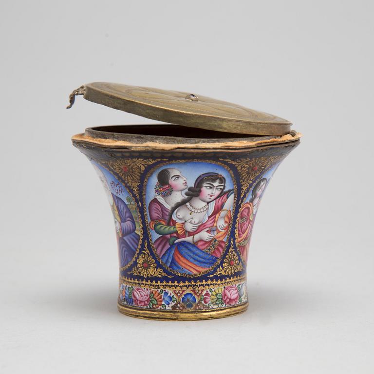 A Qajar polychrome enamelled ghalian cup, Persia, 19th century.