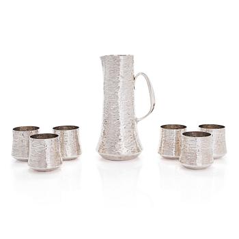 Tapio Wirkkala, a sterling silver pitcher with six beakers marked TW, Kultakeskus, Hämeenlinna Finland 1973-1974.