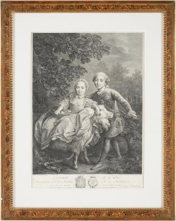 JAQUES FIRMIN BEAUVARLET, gravyr, efter Drouais, Frankrike 1700-tal.