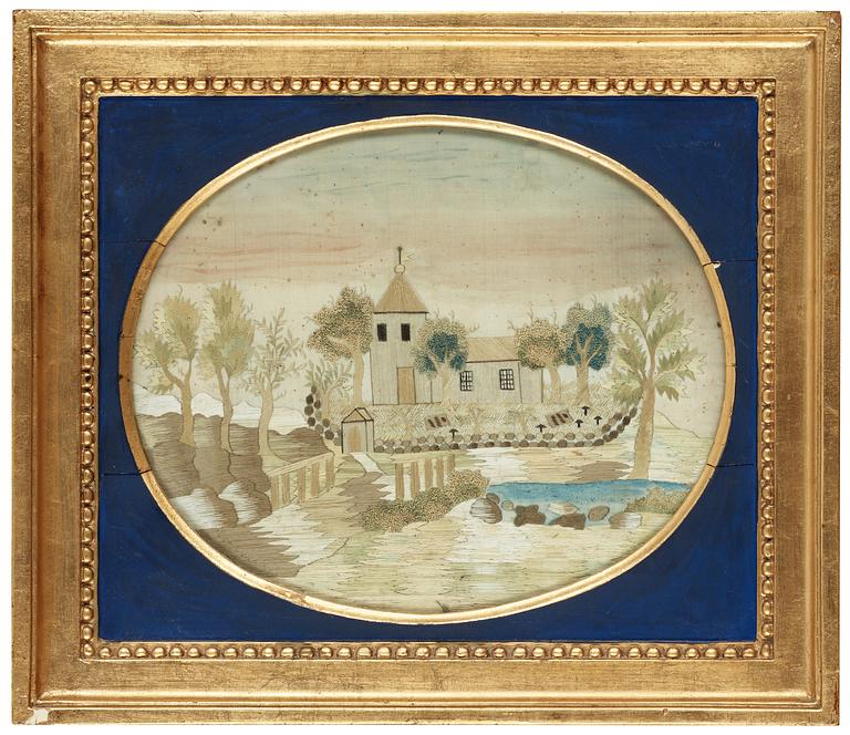 EMBROIDED PICTURE. Oval. Probably Swedish, around 1800. 21 x 25,5 cm.