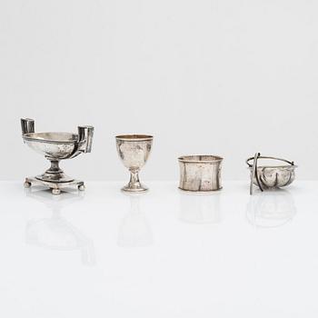 Four Finnish silver tableware objects, maker's marks of Viktor Aarne, O.R. Mellin, and others, 1861-1930.