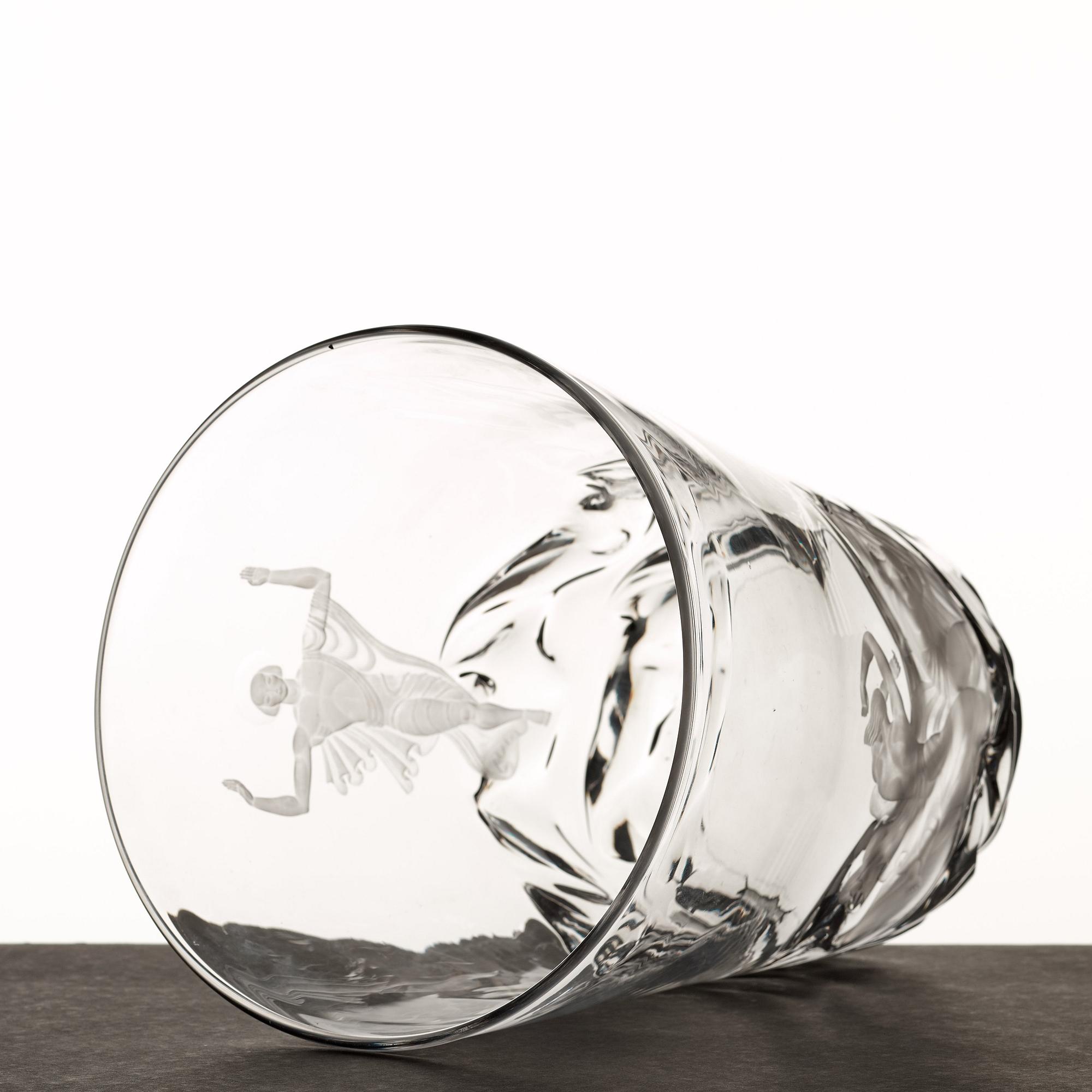 Vicke Lindstrand, "Christ calms the storm" a glass vase, Orrefors, Sweden 1935, model 1385, engraved by Arthur Diessner.