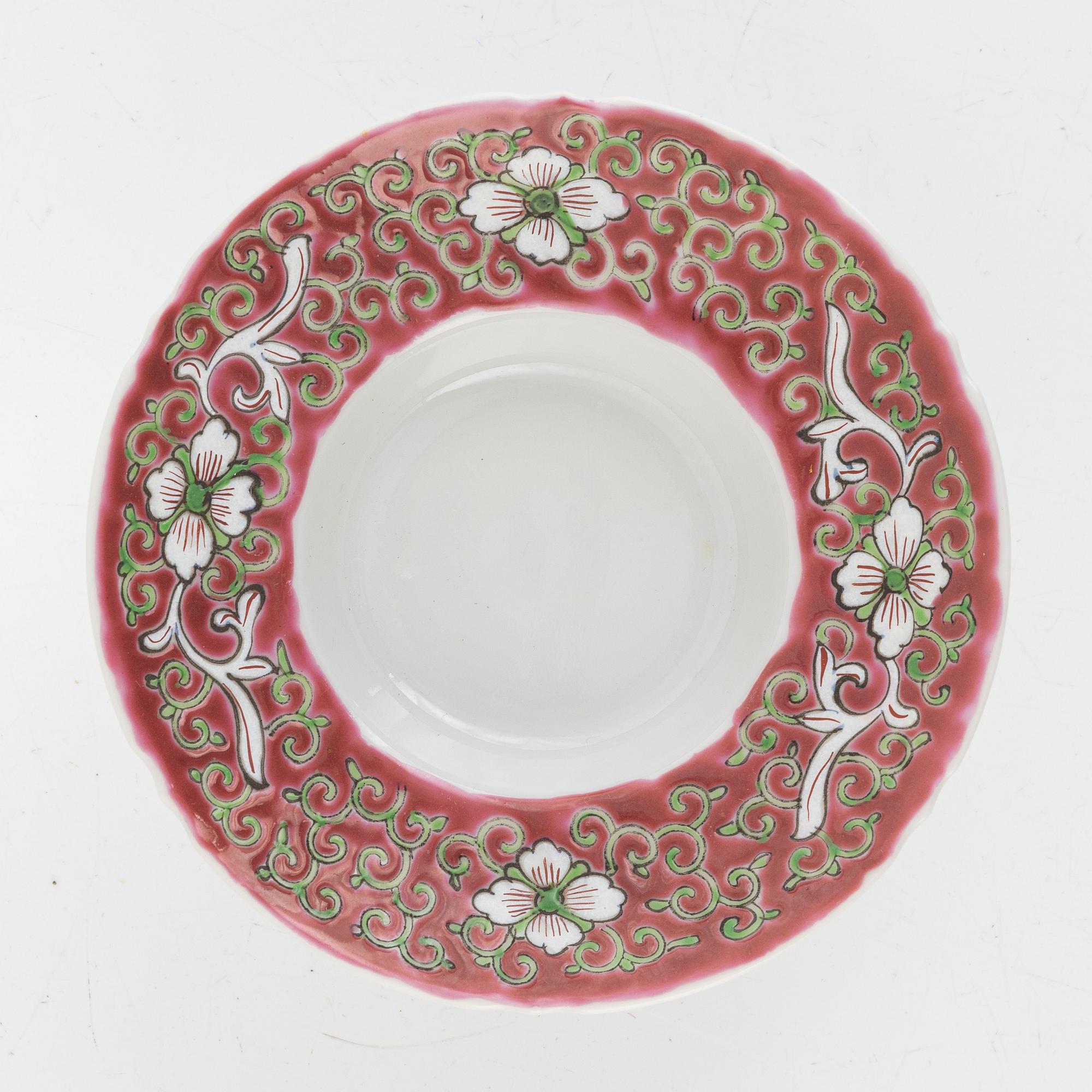 A group of three Chinese enamelled porcelain cups with covers and stands, three small dishes, 20th century.
