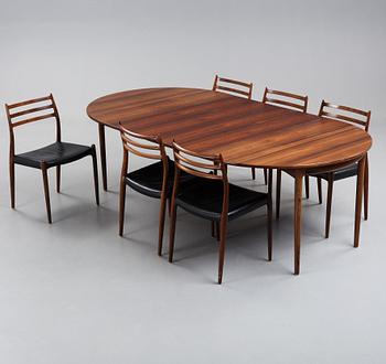 NIELS OLE MØLLER, matbord med sex stolar, modell 78, JL Møller, Danmark 1960-tal.