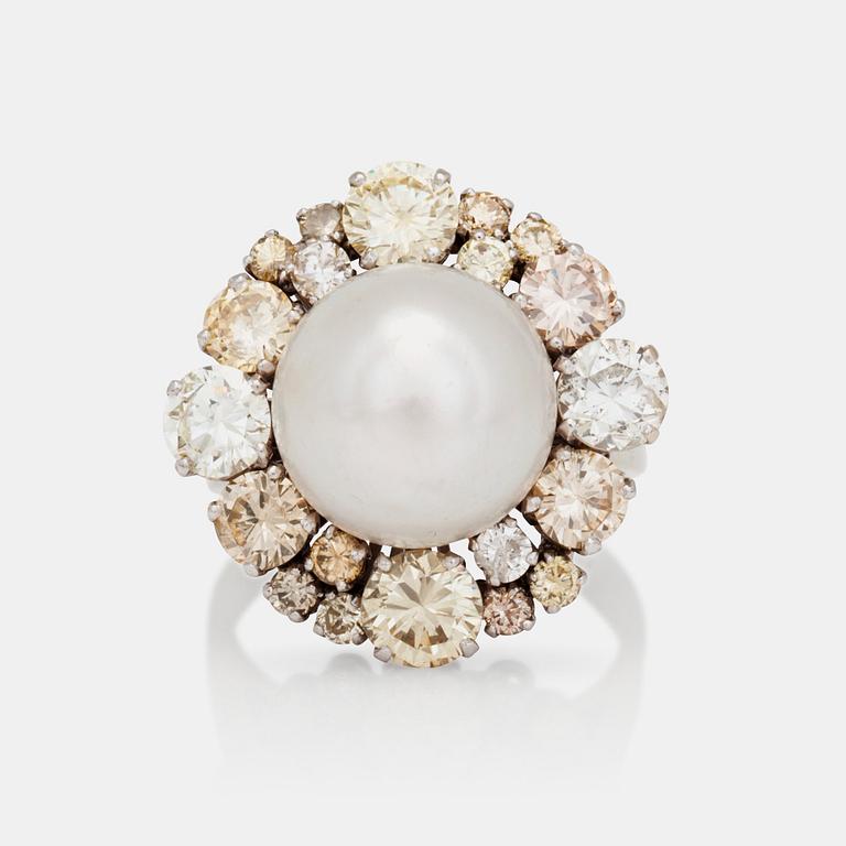 A probably natural saltwater pearl and multi-coloured diamond ring.