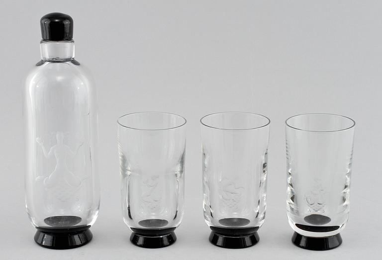 KARAFF samt GROGGLAS, 3 st, glas, Orrefors, 1933.