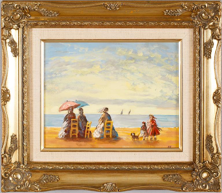 OKÄND KONSTNÄR, 4 st, oljor på duk, uppklistrade på pannå, monogramsignerade R.B.