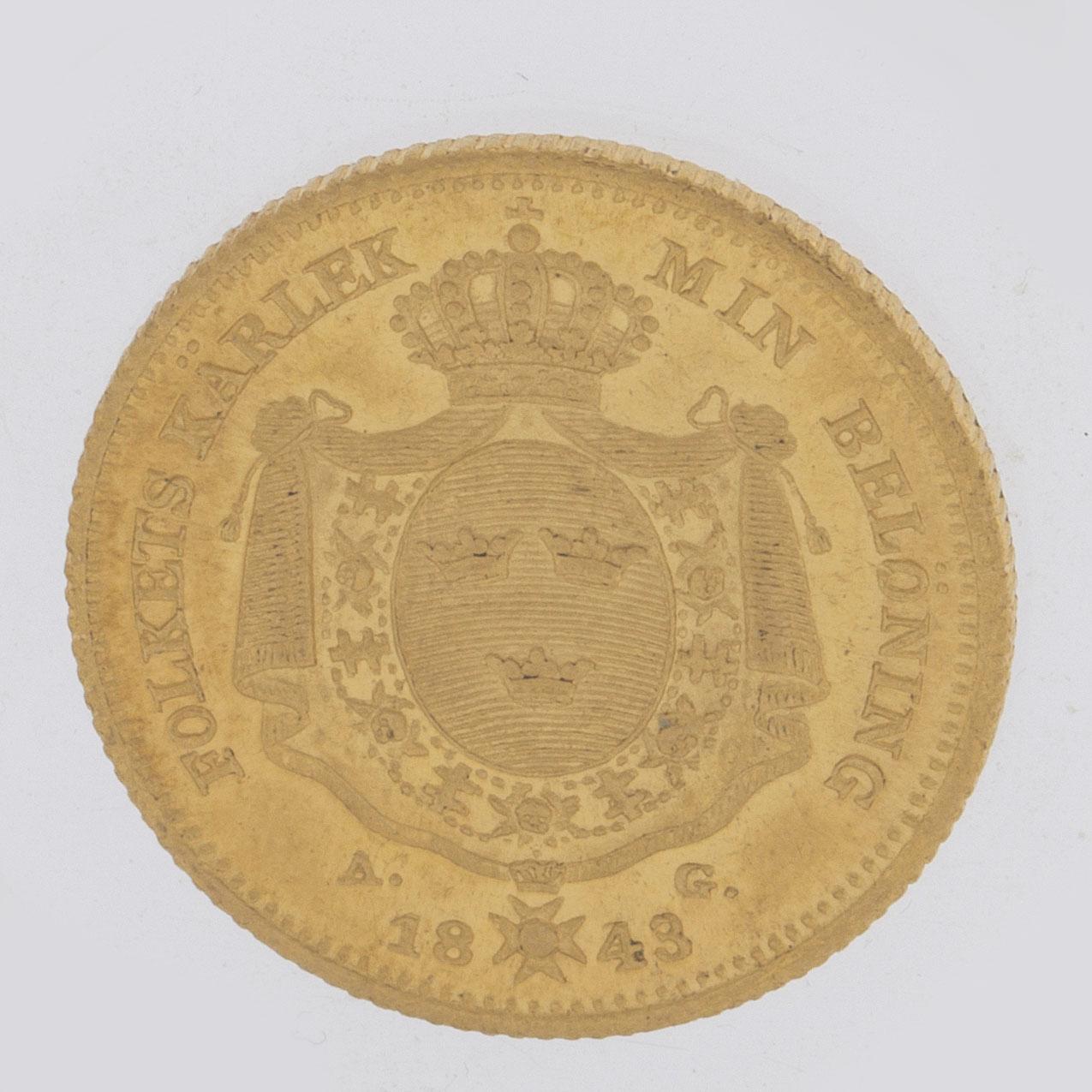 A gold 2 ducat coin Karl XIV Johan of Sweden, 1843.