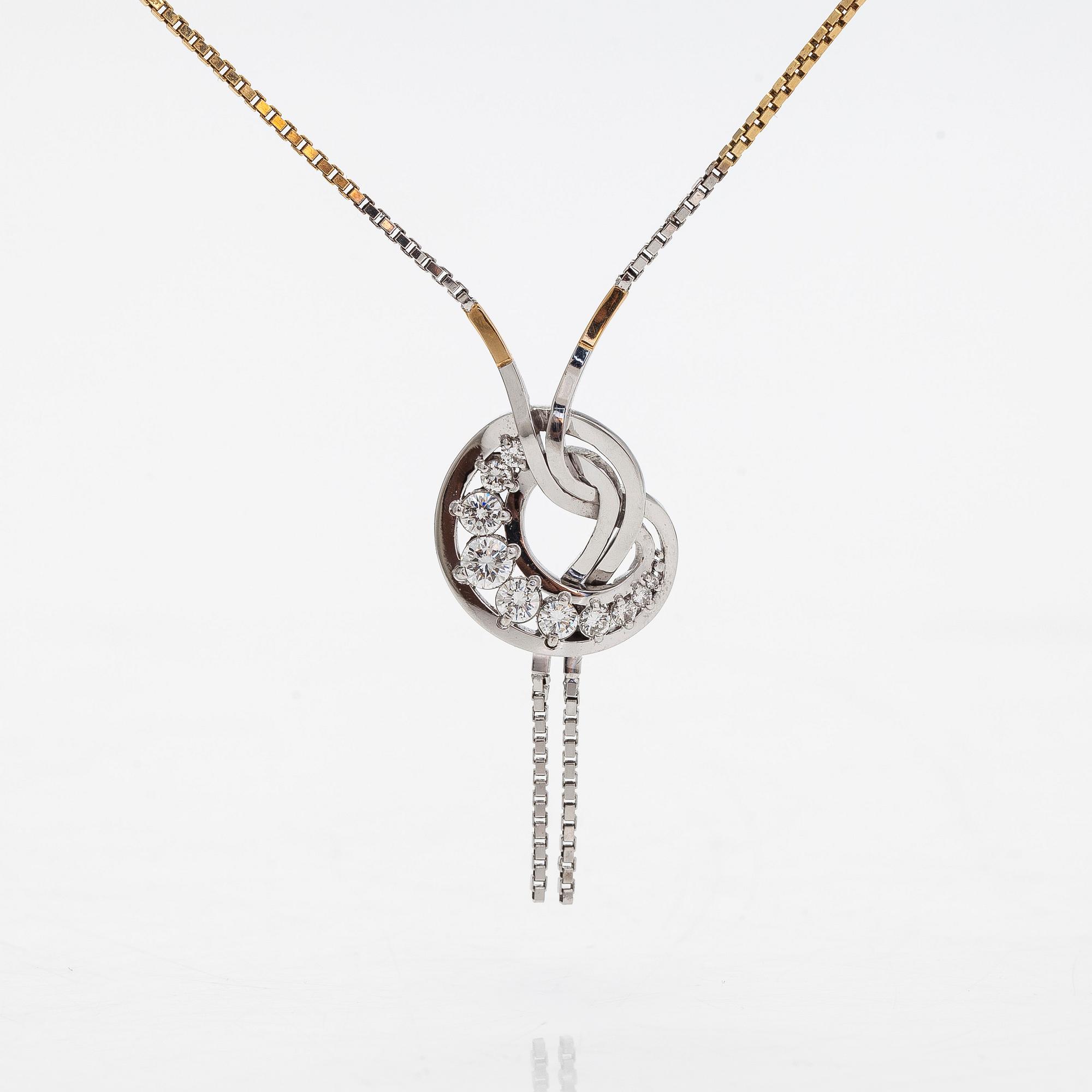 Necklace and earrings, brilliant cut diamonds, 18K white gold and gold. A. Tillander, Helsinki.