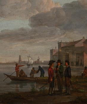 Marten Jacobus Waefelaerts, A river landscape with boats, figures, a castle and a town beyond.