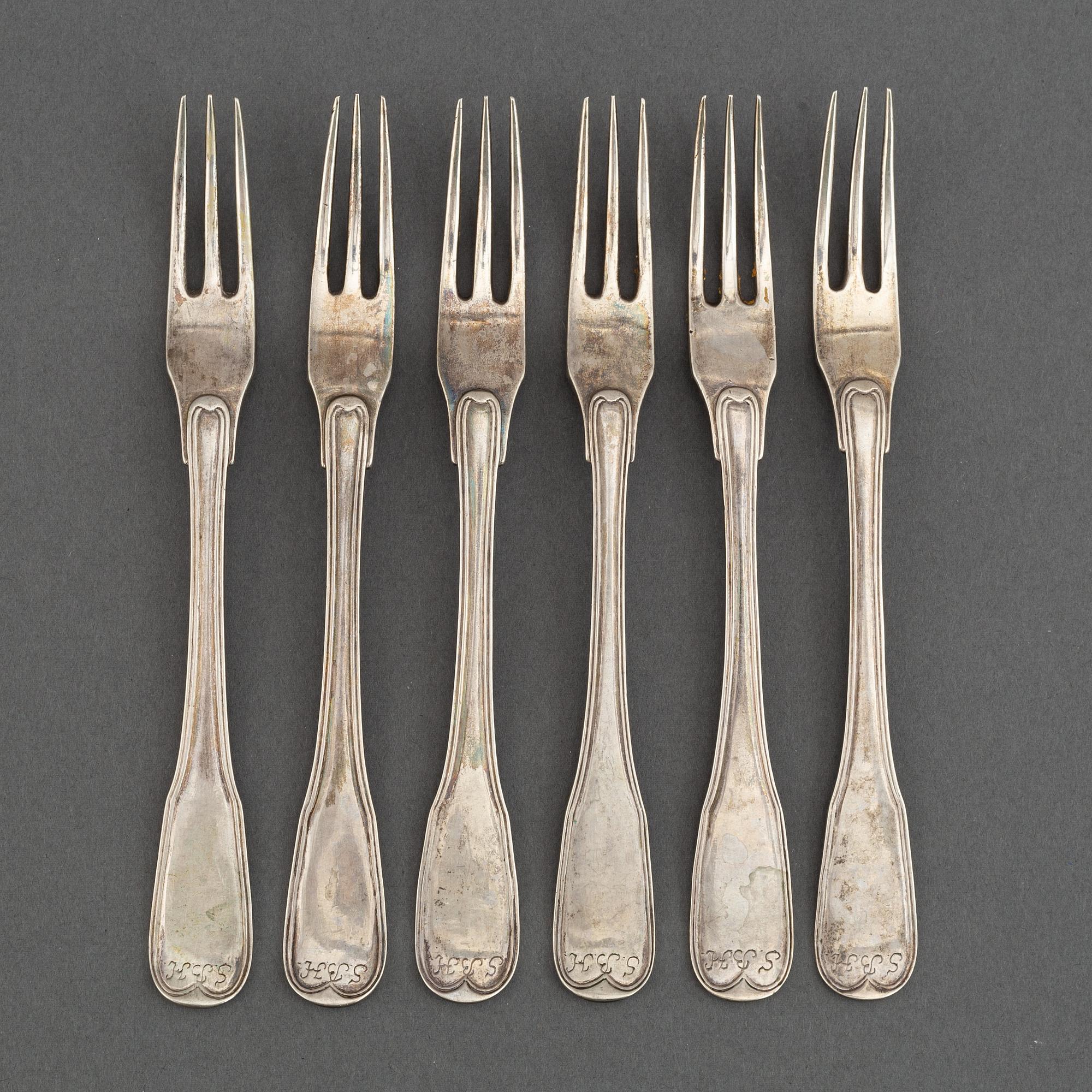 6 swedish silver dessert forks, mark of  Jacob Lampa, Stockholm 1777.