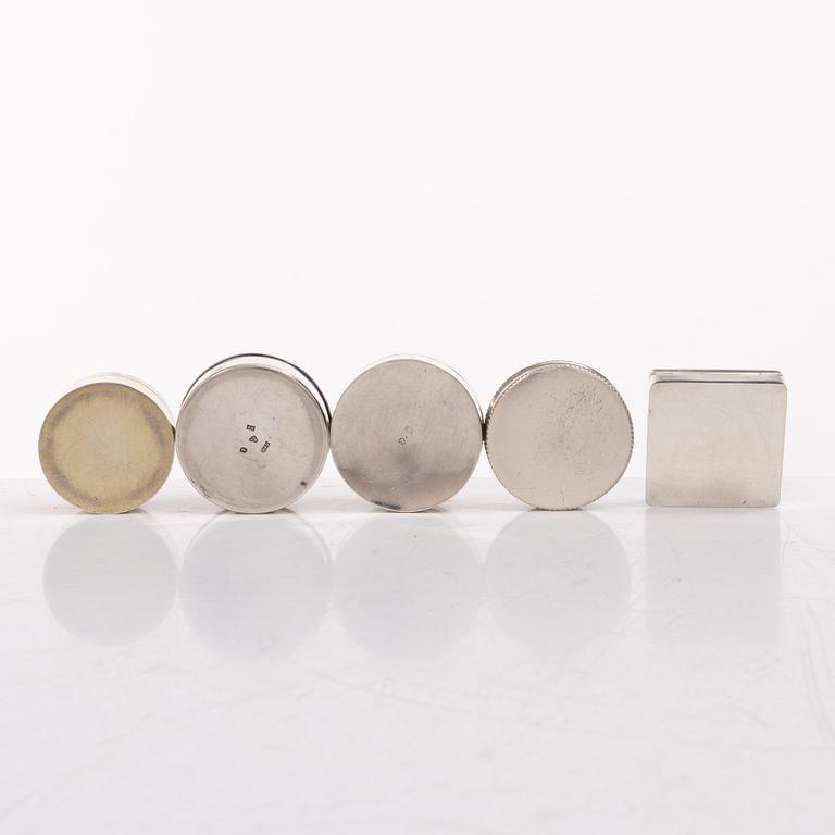 Seven silver boxes and cigarette cases, including with mark of Carl Fredrik Hultbom, Stockholm 1841.
