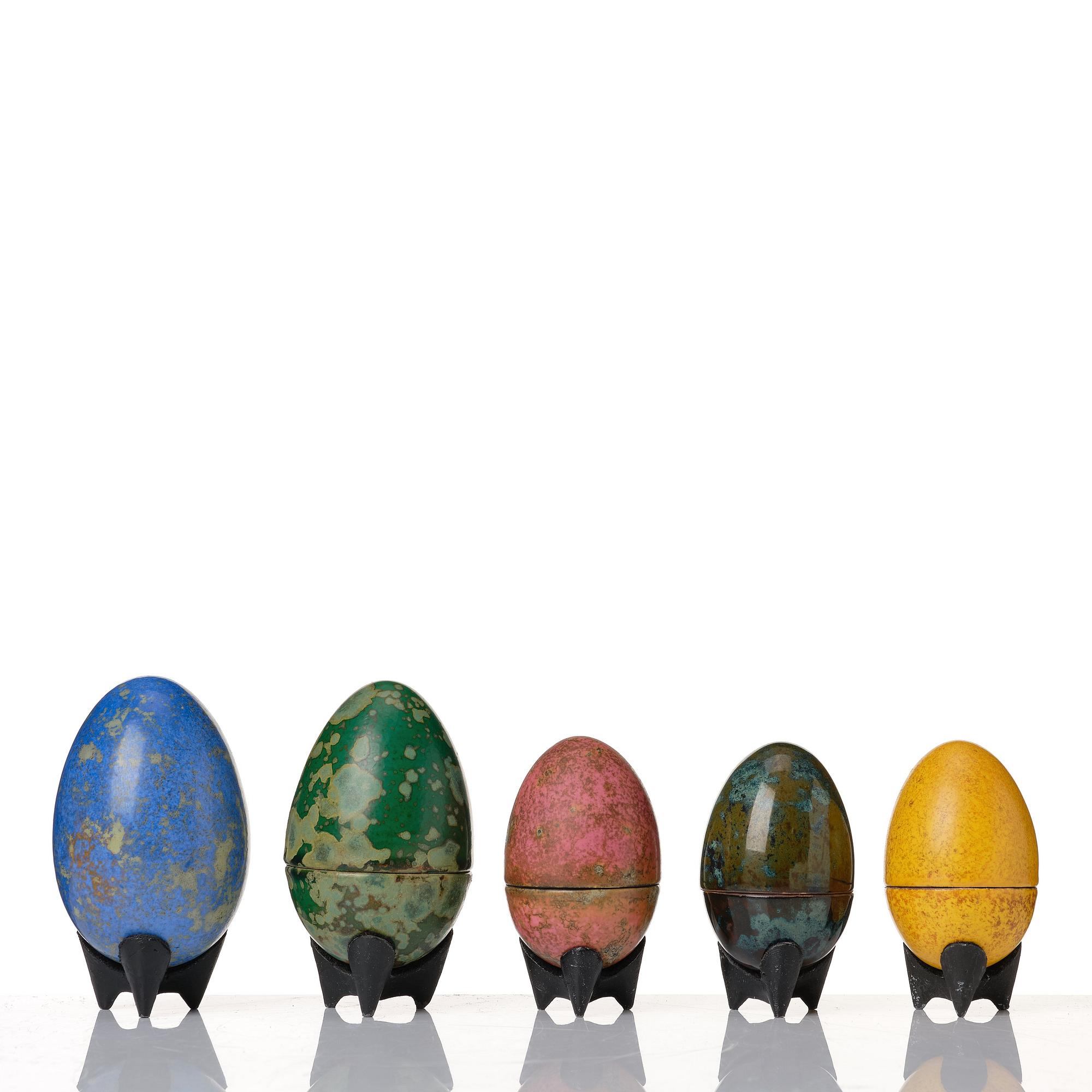 Hans Hedberg, a set of five faience sculptures of eggs, Biot, France.