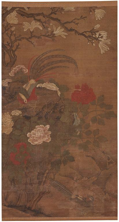 A scroll painting, ink and colour on silk laid on paper, by anonymous artist, late Ming/early Qing dynasty.