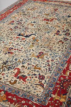 A CARPET, a semi-antique Teheran probably, a figural part silk, ca 347,5-345,5 x 242 cm.