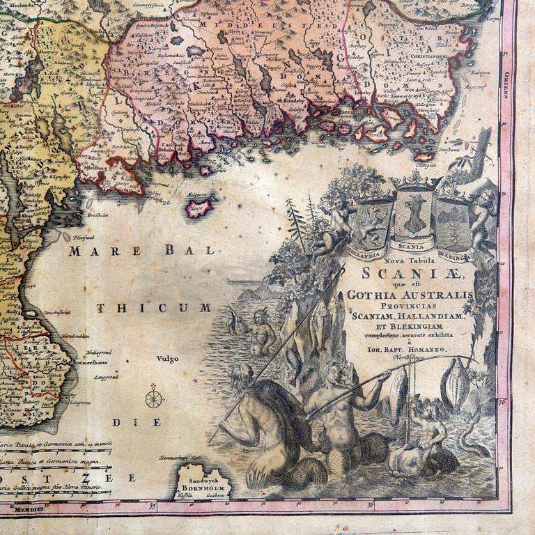 Johann Baptist Homann,  map "Nova Tabula Scaniae, quae est Gothia Australis Provincias Scaniam, Hallandiam, et Blekingia.