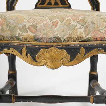 A pair of japanned Swedish rococo armchairs, Stockholm, later part 18th century.