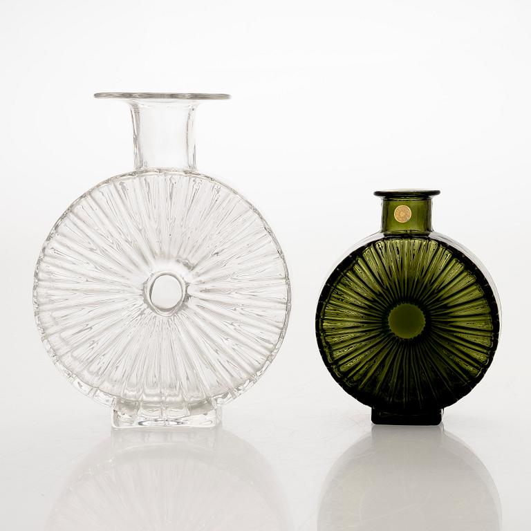 Helena Tynell, two glass 'Sun bottle' bottles for Riihimäen Lasi Oy. In production 1964-1974.