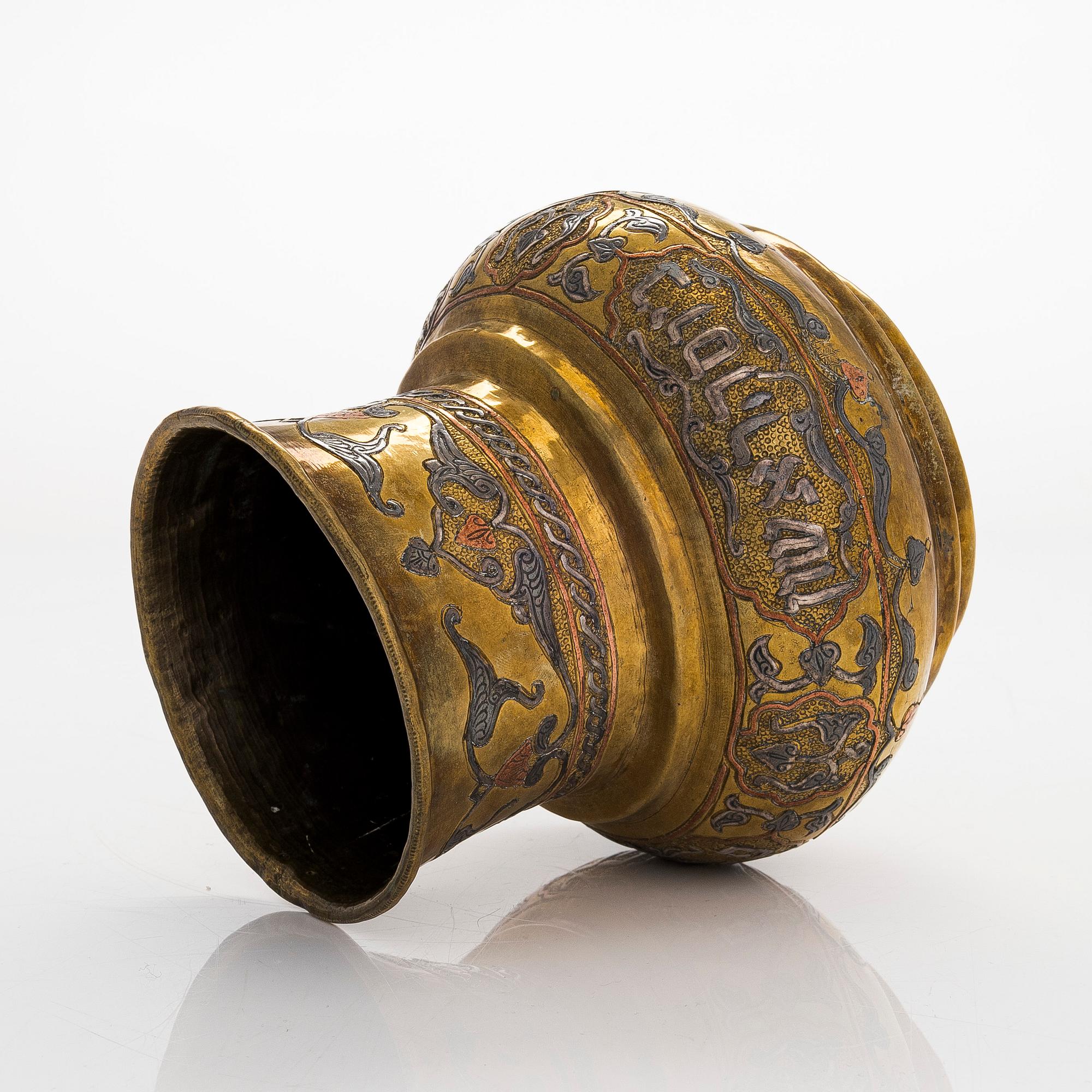 A Judaica vase in brass, copper and silver. Cairo ware with hebrew text. Egypt/Syria, turn of the 19th/20th century.