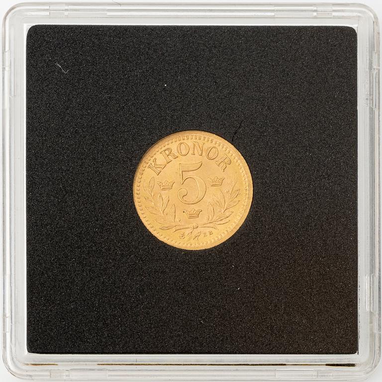 Guldmynt, Oscar II, 5 kronor, typ II, Sverige 1901.