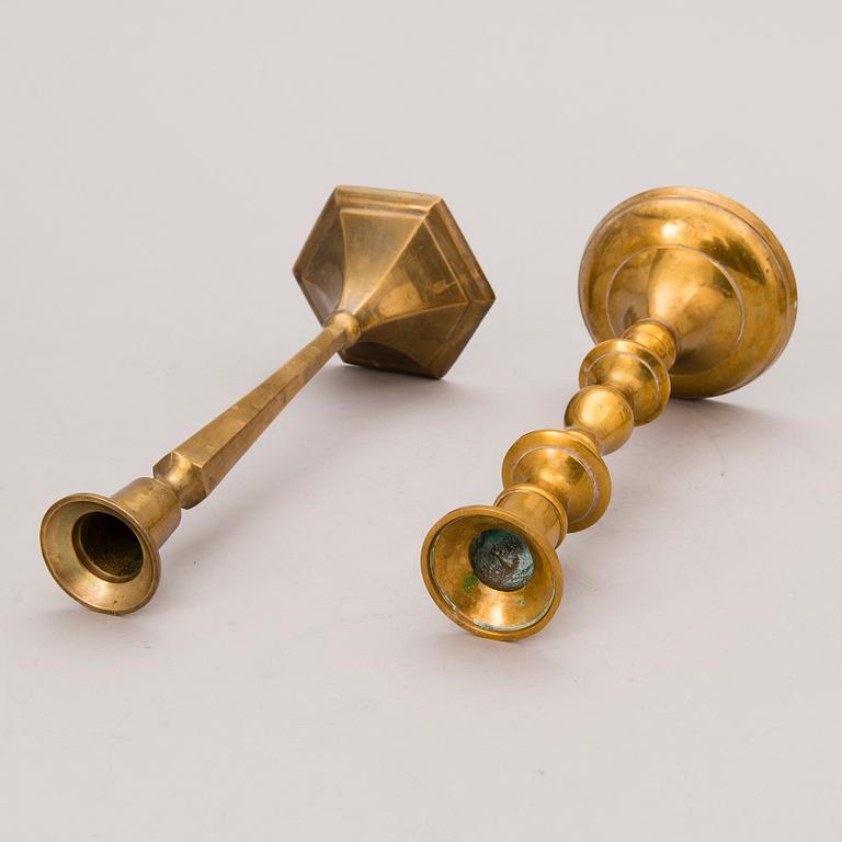 Set of ten 19th/20th Century brass and wood candlesticks.