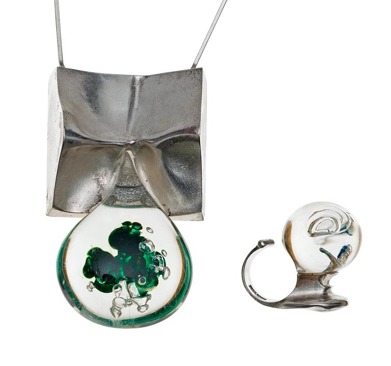 A Björn Weckström 'Space Silver' acrylic and sterling necklace and a ring, Lapponia, Finland 1973 and 1972,