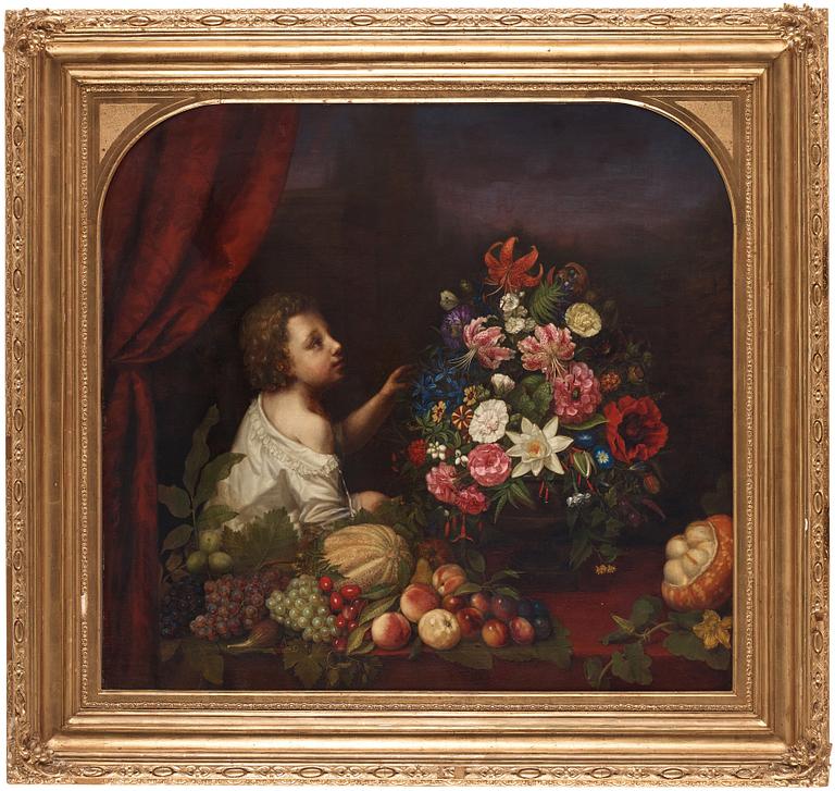 Sophie Adlersparre, Still life with flowers, fruits and a child.