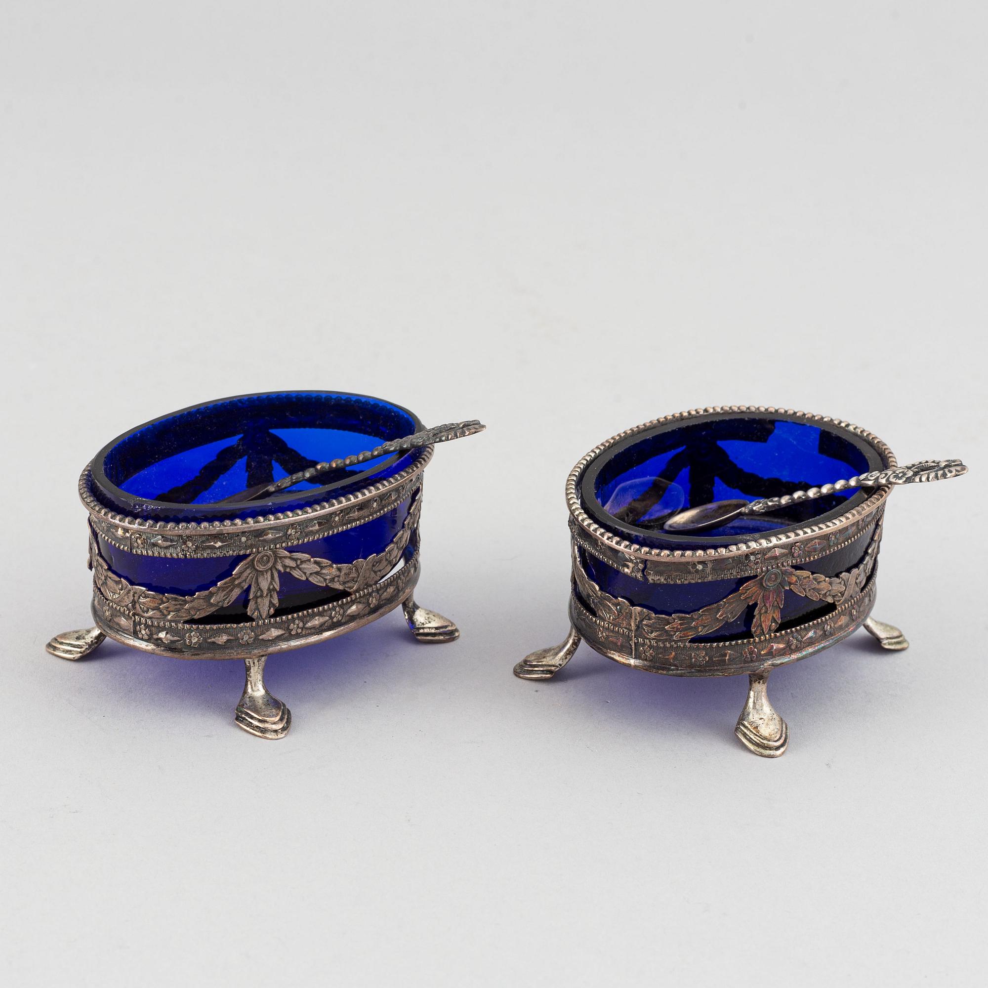 A pair of Swedish Gustavian silver and glass salt cellars, 1785.